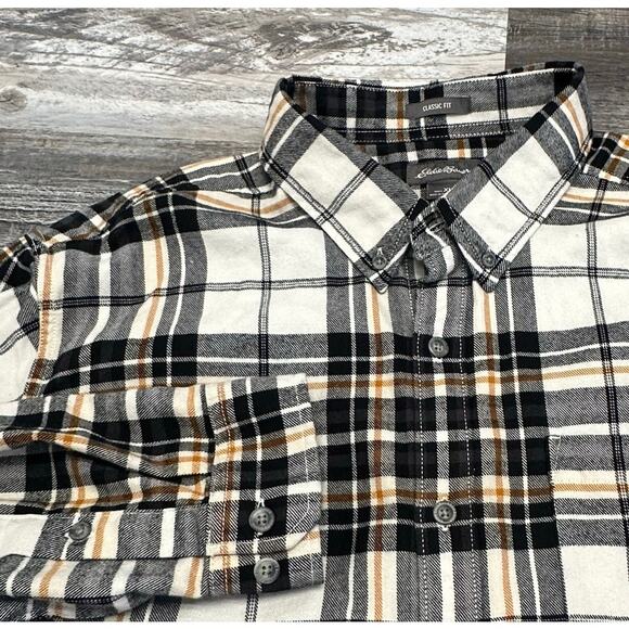 Eddie Bauer Flannel Shirt Black Tan Tartan Plaid Mens XL Classic Fit Button Up - Picture 1 of 8